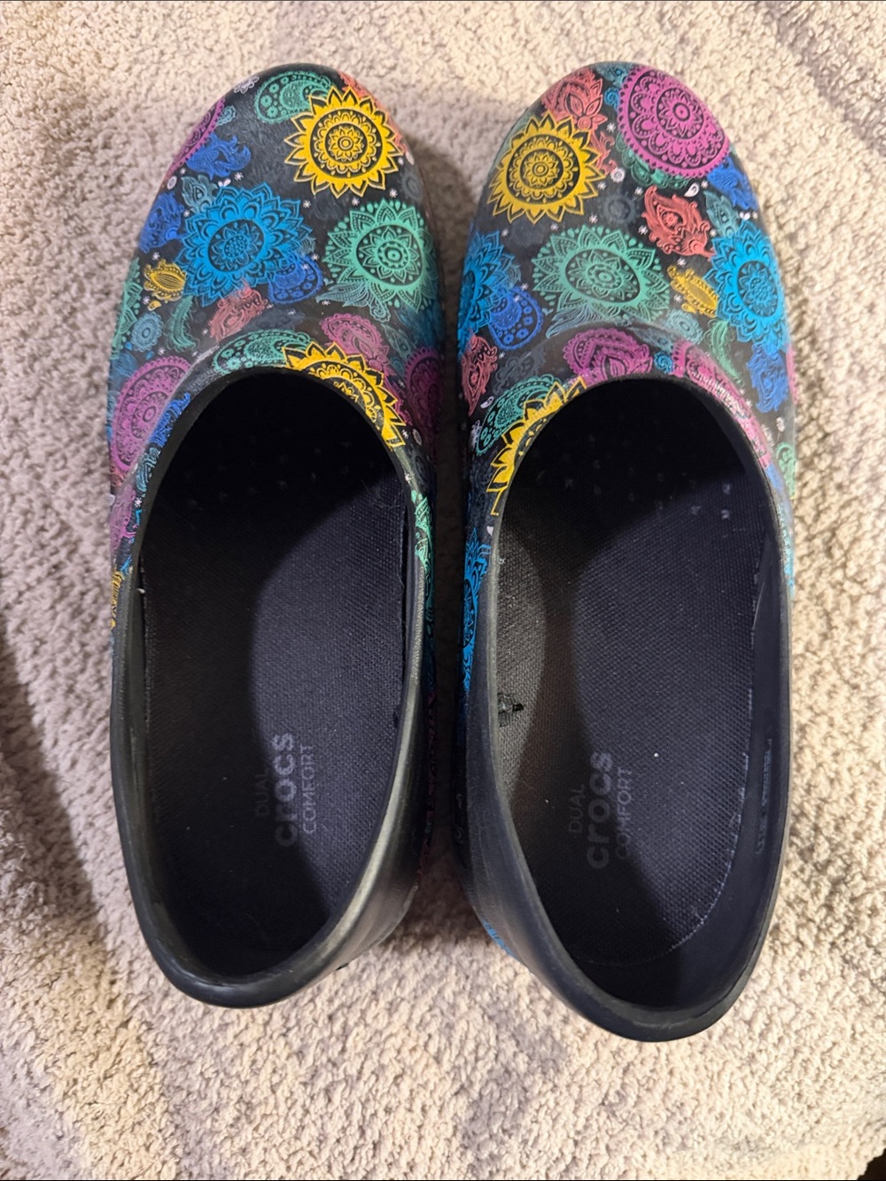 CROCS Women’s Black Slip-On Flats with Multicolor Floral Mandala Print